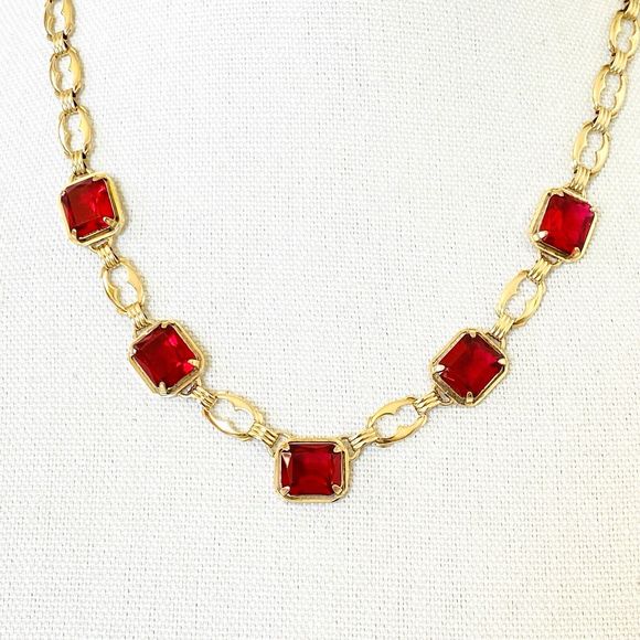 Harry S Bick Ruby Glass Gold Filled Necklace 20 In Vintage Signed Stunner - Picture 2 of 11
